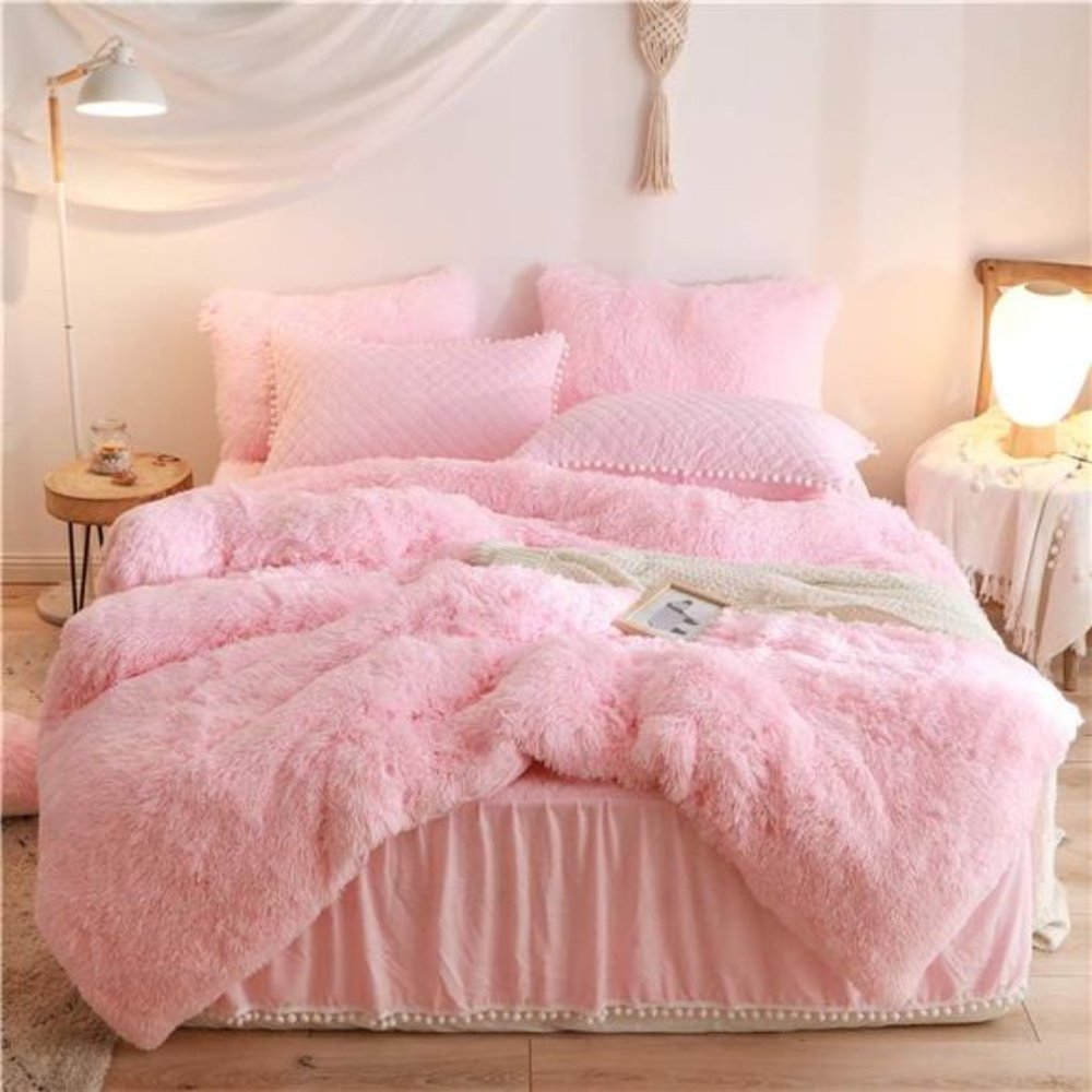 Luxury Plush Shaggy Duvet Cover Flannel Velvet Bedding(1Faux Fur +2 Pillowcases)